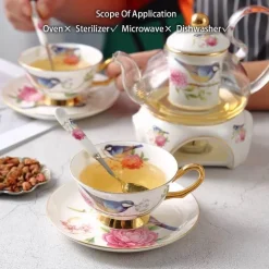 Teekannen-Set mit Blumenmuster – Tassen aus Knochenporzellan mit Sieb