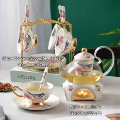 Teekannen-Set mit Blumenmuster – Tassen aus Knochenporzellan mit Sieb