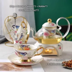 Teekannen-Set mit Blumenmuster – Tassen aus Knochenporzellan mit Sieb