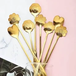 Teelöffel-Set aus Edelstahl mit goldener Blume – elegante Kaffee- und Dessertlöffel