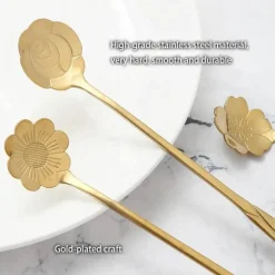 Teelöffel-Set aus Edelstahl mit goldener Blume – elegante Kaffee- und Dessertlöffel