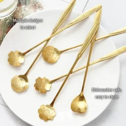 Teelöffel-Set aus Edelstahl mit goldener Blume – elegante Kaffee- und Dessertlöffel