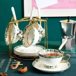 Teeservice aus Bone China – Teekanne aus Porzellan mit blauen Punkten, Tassen, Milchkännchen, Zuckerdose