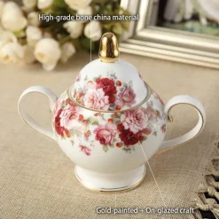 Teeservice aus Bone China mit Blumenmuster – Elegante Teekanne mit Tassen und Untertassen
