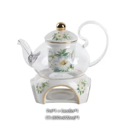 Teeservice mit Kamelien-Blumenmotiv – Teekanne aus Knochenporzellan, Teetasse und Sieb