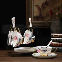 Teetassen-Set aus Bone China – Pastorales Vogel-Design, 200 ml, englische Kaffeetassen aus Porzellan