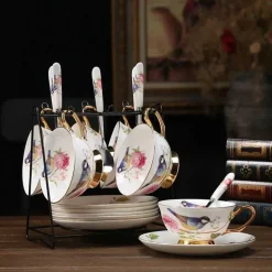 Teetassen-Set aus Bone China – Pastorales Vogel-Design, 200 ml, englische Kaffeetassen aus Porzellan