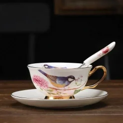 Teetassen-Set aus Bone China – Pastorales Vogel-Design, 200 ml, englische Kaffeetassen aus Porzellan