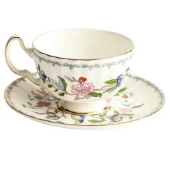 Teetassen-Set aus Bone China mit Blumenmuster – Teetasse und Snackteller für den Einsatz im Büro