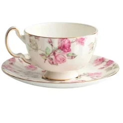 Teetassen-Set aus Bone China mit Blumenmuster – Teetasse und Snackteller für den Einsatz im Büro