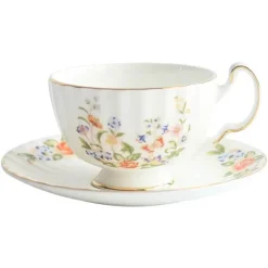 Teetassen-Set aus Bone China mit Blumenmuster – Teetasse und Snackteller für den Einsatz im Büro