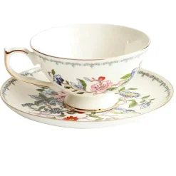 Teetassen-Set aus Bone China mit Blumenmuster – Teetasse und Snackteller für den Einsatz im Büro