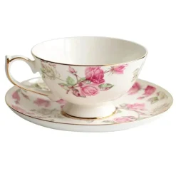 Teetassen-Set aus Bone China mit Blumenmuster – Teetasse und Snackteller für den Einsatz im Büro