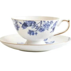 Teetassen-Set aus Bone China mit Blumenmuster – Teetasse und Snackteller für den Einsatz im Büro