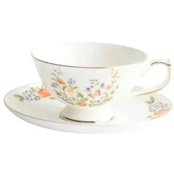 Teetassen-Set aus Bone China mit Blumenmuster – Teetasse und Snackteller für den Einsatz im Büro