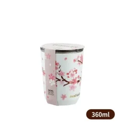 Thermo-Reisebecher mit Kirschblütenmotiv, auslaufsicherer Edelstahl mit Strohhalm