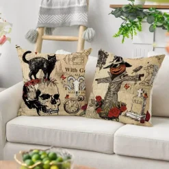 Totenkopf Kürbis Kissenbezüge – Halloween Leinen Dekokissen