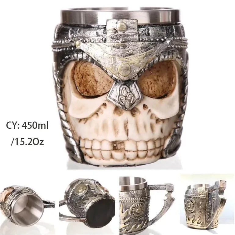 Totenkopf-Ritter-Bierkrug - Halloween-Krug aus Edelstahl mit Harz
