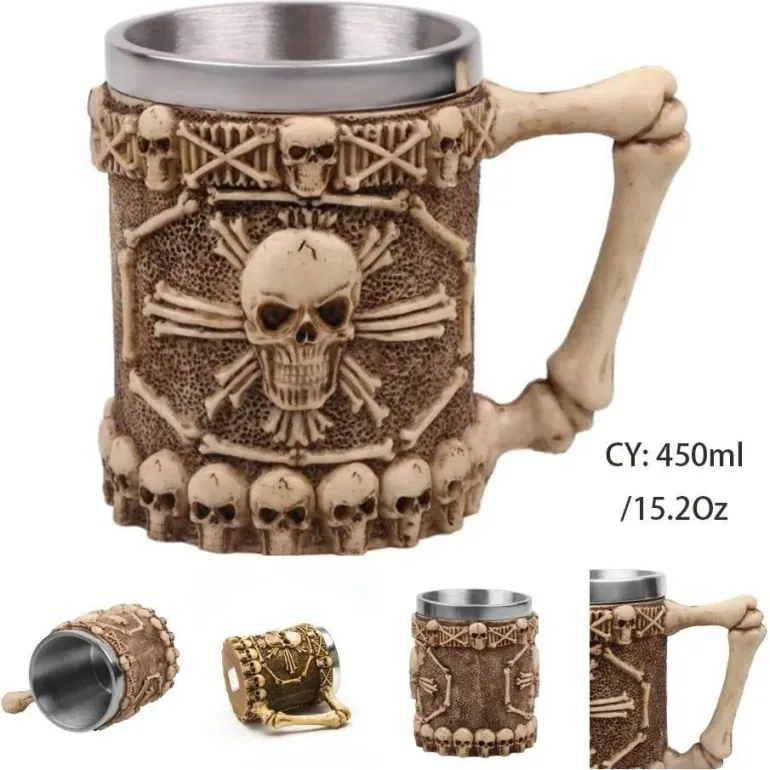 Totenkopf-Ritter-Bierkrug - Halloween-Krug aus Edelstahl mit Harz