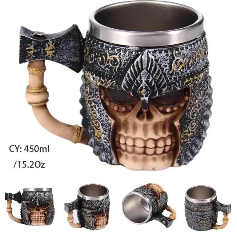 Totenkopf-Ritter-Bierkrug - Halloween-Krug aus Edelstahl mit Harz