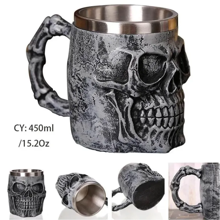 Totenkopf-Ritter-Bierkrug - Halloween-Krug aus Edelstahl mit Harz