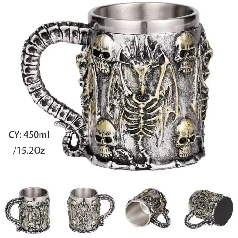 Totenkopf-Ritter-Bierkrug - Halloween-Krug aus Edelstahl mit Harz