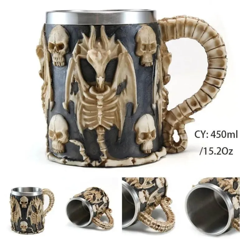 Totenkopf-Ritter-Bierkrug - Halloween-Krug aus Edelstahl mit Harz