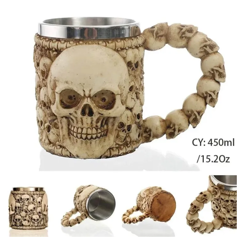 Totenkopf-Ritter-Bierkrug - Halloween-Krug aus Edelstahl mit Harz
