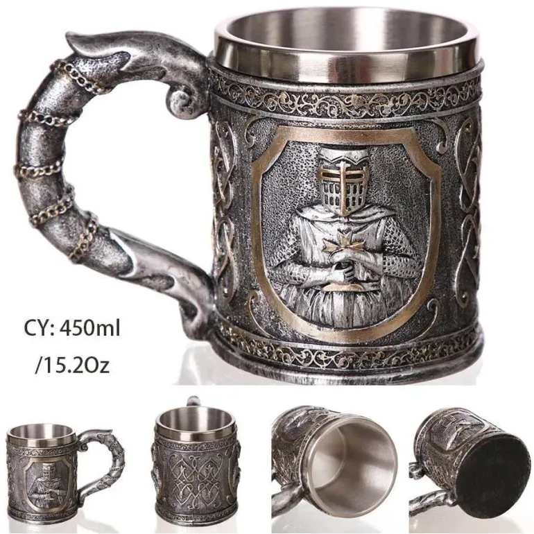 Totenkopf-Ritter-Bierkrug - Halloween-Krug aus Edelstahl mit Harz