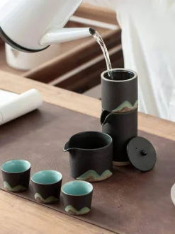 Tragbares Bergteekanne-Set – Reise-Keramikteekanne mit 3 Tassen