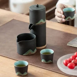 Tragbares Bergteekanne-Set – Reise-Keramikteekanne mit 3 Tassen