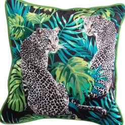 Tropischer Kissenbezug aus Samt – Palmenblätter-Tierdruck mit Quasten