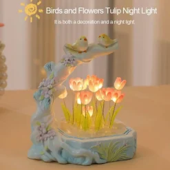 Tulpen-Nachtlicht – Lampe mit Blumen- und Vogel-Design