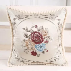 Vintage Blumen Kissenbezug - Rot Elfenbein Jacquard Europäisches Design 19x19 Zoll