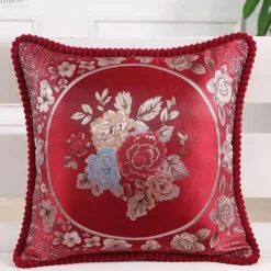 Vintage Blumen Kissenbezug - Rot Elfenbein Jacquard Europäisches Design 19x19 Zoll