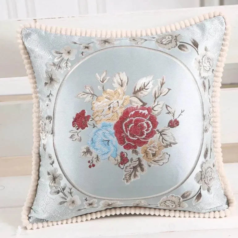 Vintage Blumen Kissenbezug - Rot Elfenbein Jacquard Europäisches Design 19x19 Zoll
