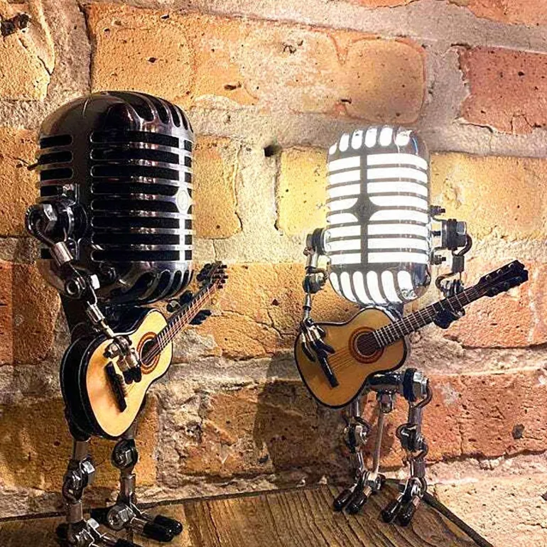 Vintage Gitarrenmikrofonlampe - Retro Musikdekor Roboterlicht