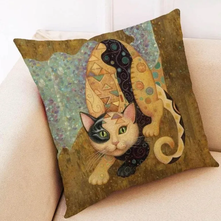 Vintage Katzen Kissenbezug - Dekorativer Kissenbezug aus Leinen
