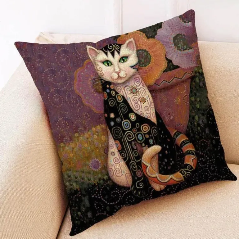 Vintage Katzen Kissenbezug - Dekorativer Kissenbezug aus Leinen