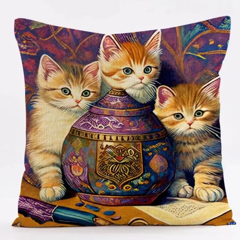 Vintage Katzen Kissenbezug - Dekorativer Kissenbezug aus Leinen