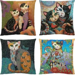 Vintage Katzen Kissenbezug - Dekorativer Kissenbezug aus Leinen