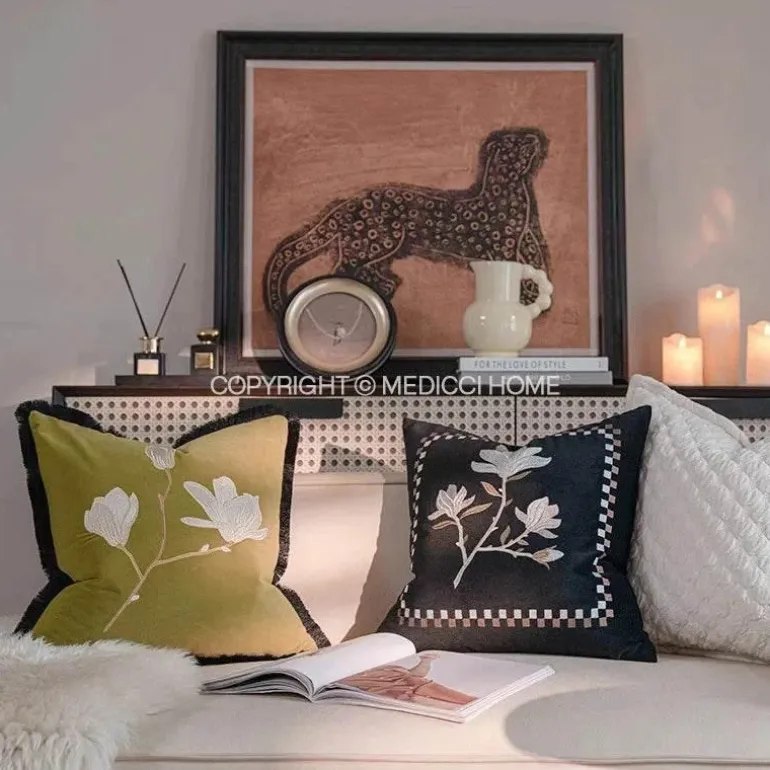 Vintage Samt Kissenbezug - Französische Magnolienstickerei für Sofa