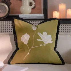 Vintage Samt Kissenbezug - Französische Magnolienstickerei für Sofa