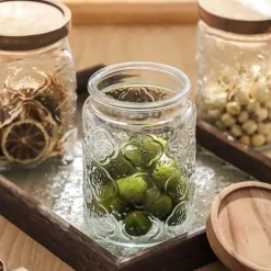 Vorratsdose aus geprägtem Glas – Begonien-Design