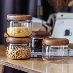 Vorratsglas aus Glas mit Deckel aus Akazienholz – 300 ml Gewürzbehälter für trockene Lebensmittel
