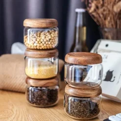 Vorratsglas aus Glas mit Deckel aus Akazienholz – 300 ml Gewürzbehälter für trockene Lebensmittel