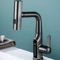 Wasserhahn mit digitaler Temperaturanzeige – anhebbarer Wasserfall-Waschbeckenhahn