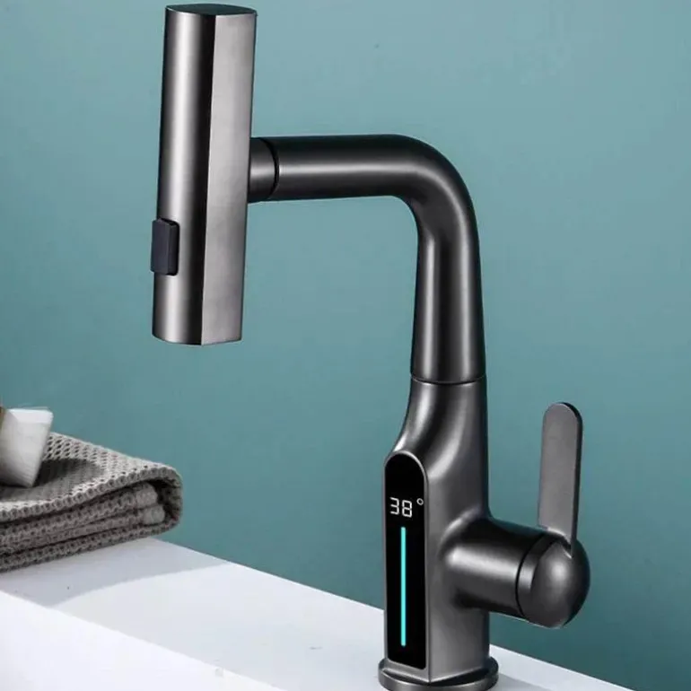 Wasserhahn mit digitaler Temperaturanzeige – anhebbarer Wasserfall-Waschbeckenhahn