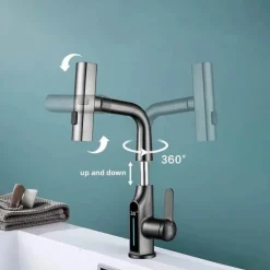 Wasserhahn mit digitaler Temperaturanzeige – anhebbarer Wasserfall-Waschbeckenhahn