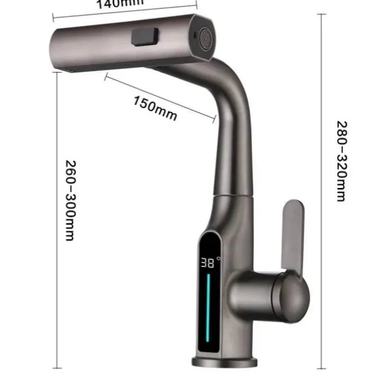 Wasserhahn mit digitaler Temperaturanzeige – anhebbarer Wasserfall-Waschbeckenhahn